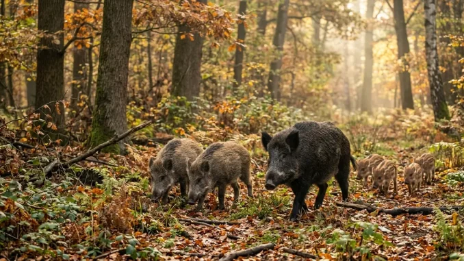 Eine Schwarzwildrotte mit Bache, Überläufern und Frischlingen in einem herbstlichen Mischwald.