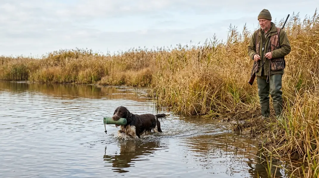 English Springer Spaniel apportiert eine Trainingsdummy-Attrappe aus einem Schilfgewässer.
