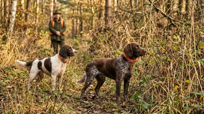 Stöberhunde-Rassen mit Wachtelhund und Springer Spaniel vor dichter Deckung im herbstlichen Jagdrevier.