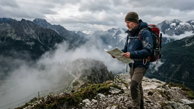 STOP Regel Notfall: Outdoor-Person mit Karte beurteilt ruhig eine neblige Berglandschaft.
