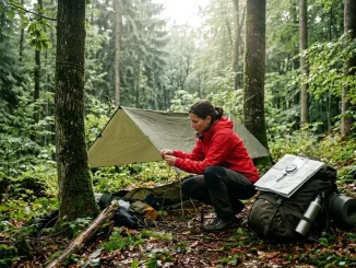 Eine Outdoor-Person bereitet das Überleben im Wald mit Karte, Schutz und Ausrüstung vor.