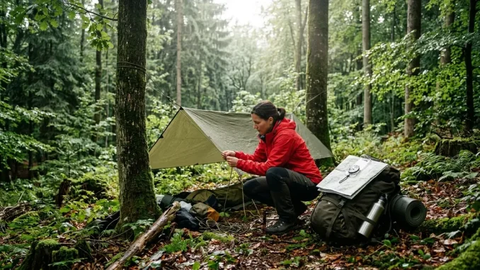 Eine Outdoor-Person bereitet das Überleben im Wald mit Karte, Schutz und Ausrüstung vor.
