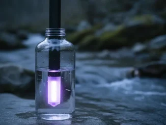 Schlanker schwarzer UV-Entkeimer steckt in einer klaren Weithalsflasche auf einem Felsen am Bach; die Lampe leuchtet violett unter Wasser.