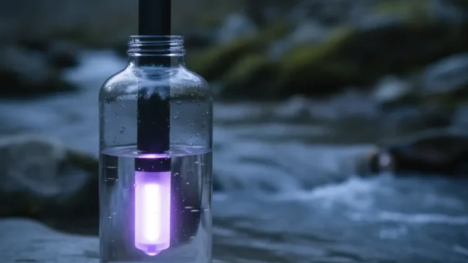 Schlanker schwarzer UV-Entkeimer steckt in einer klaren Weithalsflasche auf einem Felsen am Bach; die Lampe leuchtet violett unter Wasser.