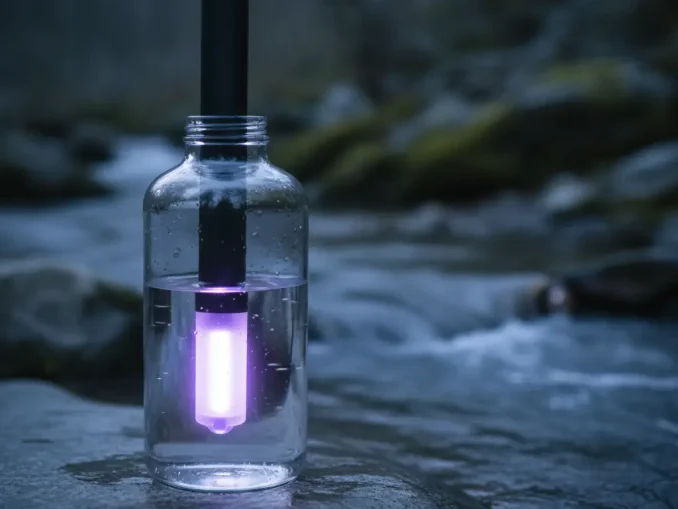 Schlanker schwarzer UV-Entkeimer steckt in einer klaren Weithalsflasche auf einem Felsen am Bach; die Lampe leuchtet violett unter Wasser.