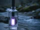Schlanker schwarzer UV-Entkeimer steckt in einer klaren Weithalsflasche auf einem Felsen am Bach; die Lampe leuchtet violett unter Wasser.