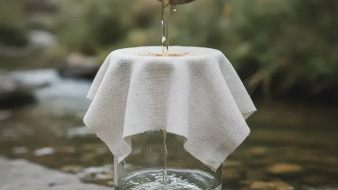 Trübes bräunliches Wasser wird aus einem Metallbecher durch ein über ein Glas gespanntes Baumwolltuch gegossen; unter dem Tuch läuft es klar in das Glas.