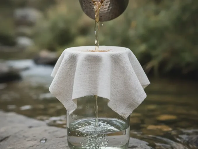 Trübes bräunliches Wasser wird aus einem Metallbecher durch ein über ein Glas gespanntes Baumwolltuch gegossen; unter dem Tuch läuft es klar in das Glas.