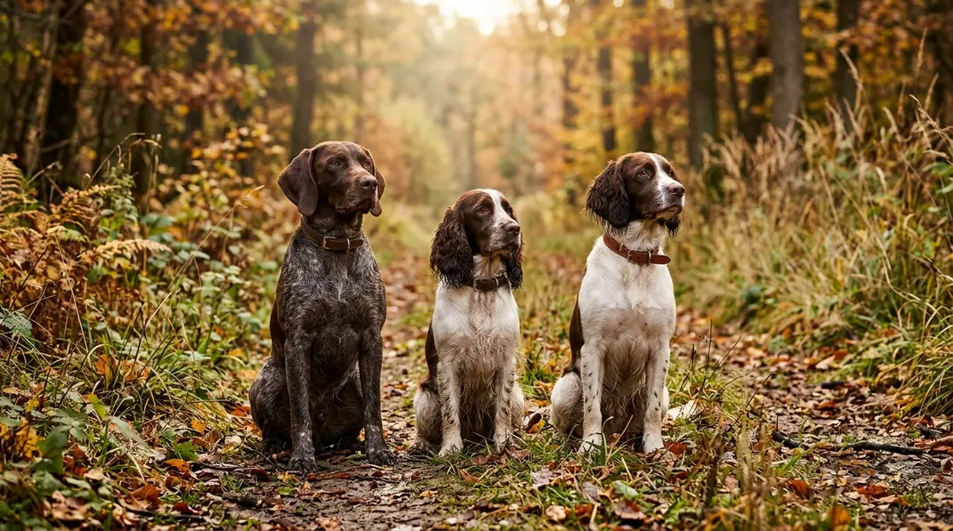 Deutscher Wachtelhund, Cocker Spaniel und English Springer Spaniel sitzen an einer Waldkante.