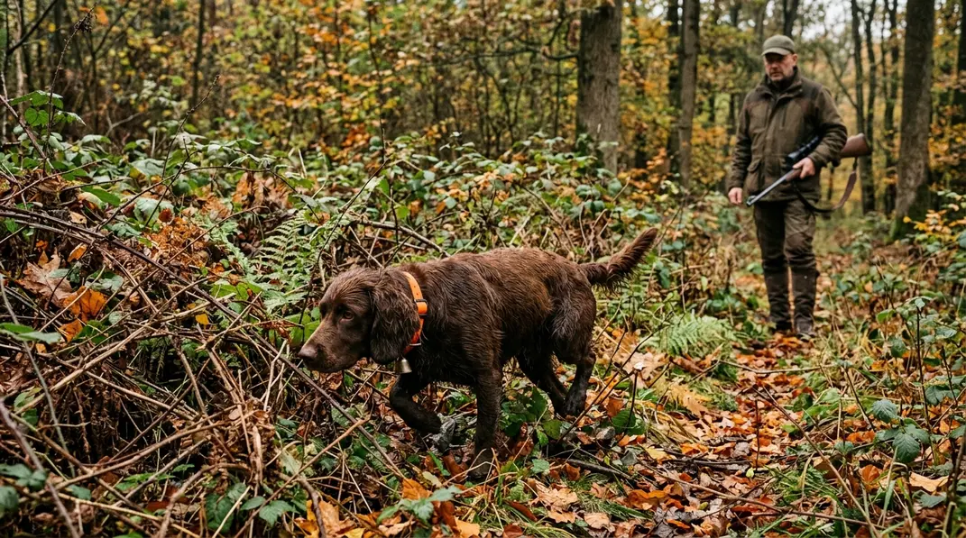 Deutscher Wachtelhund stöbert mit tiefer Nase in einer dichten Brombeerdeckung im Wald.