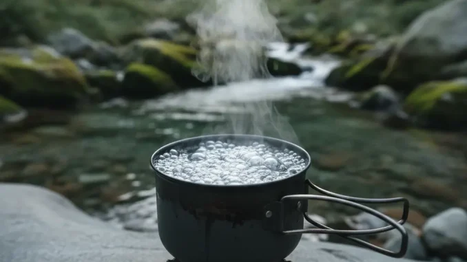 Kleiner schwarzer Campingtopf auf einem Gaskocher auf einem Felsen am Bach; das Wasser darin kocht sprudelnd, Dampf steigt senkrecht auf.