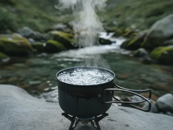 Kleiner schwarzer Campingtopf auf einem Gaskocher auf einem Felsen am Bach; das Wasser darin kocht sprudelnd, Dampf steigt senkrecht auf.