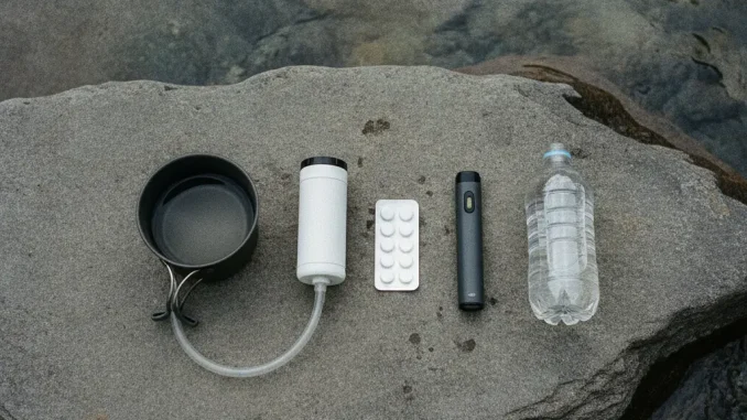 Campingtopf, Hohlfaserfilter, Entkeimungstabletten, UV-Stift und Wasserflasche nebeneinander auf einem Stein am Bach