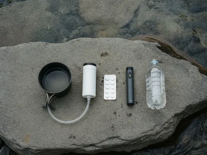 Campingtopf, Hohlfaserfilter, Entkeimungstabletten, UV-Stift und Wasserflasche nebeneinander auf einem Stein am Bach