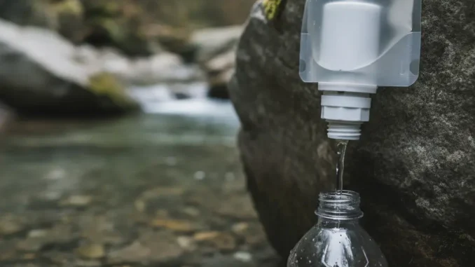 Weißer Hohlfaser-Wasserfilter an einem durchsichtigen Trinkbeutel, an einen Felsen am Bach gelehnt; gefiltertes Wasser läuft in einem dünnen Strahl in eine klare Flasche.
