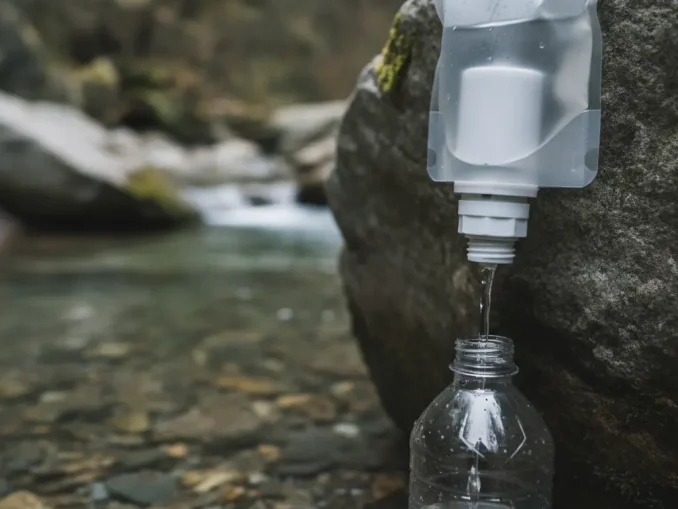 Weißer Hohlfaser-Wasserfilter an einem durchsichtigen Trinkbeutel, an einen Felsen am Bach gelehnt; gefiltertes Wasser läuft in einem dünnen Strahl in eine klare Flasche.