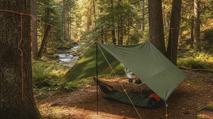 Tarp im Wald mit unterschiedlichen Befestigungs-Knoten.