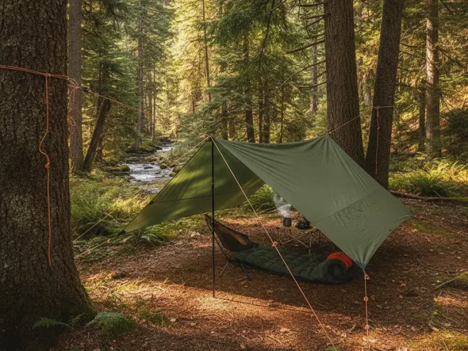 Tarp im Wald mit unterschiedlichen Befestigungs-Knoten.