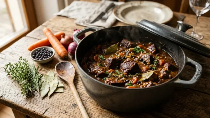 Ein Wildschweingulasch-Rezept im gusseisernen Schmortopf mit zarten Fleischwürfeln und dunkler Sauce.