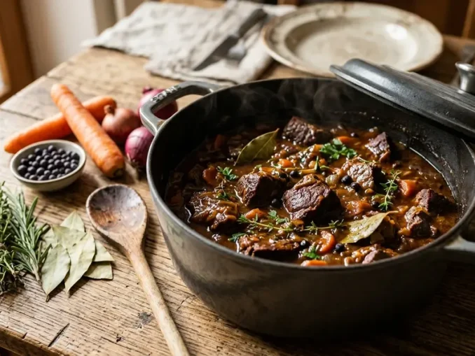 Ein Wildschweingulasch-Rezept im gusseisernen Schmortopf mit zarten Fleischwürfeln und dunkler Sauce.