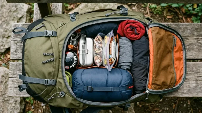 Geöffneter Wanderrucksack mit Schlafsack im Bodenfach und geordneter Ausrüstung im Hauptfach.
