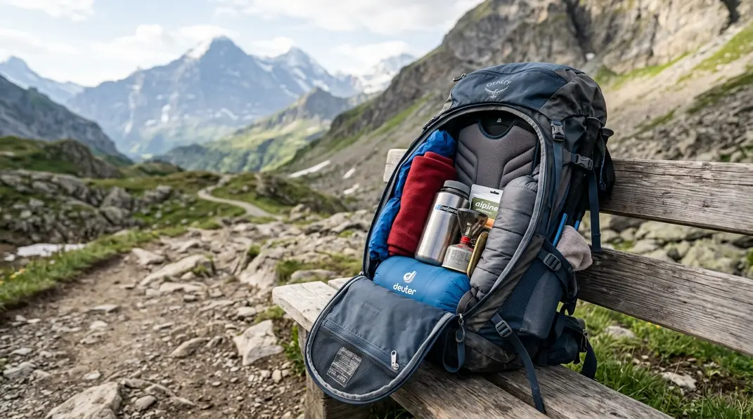 Geöffneter 40-Liter-Rucksack mit schwerer Ausrüstung nah an der Rückenplatte.