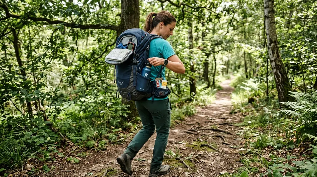 Wanderin nimmt eine Wasserflasche aus der Seitentasche ihres Rucksacks.