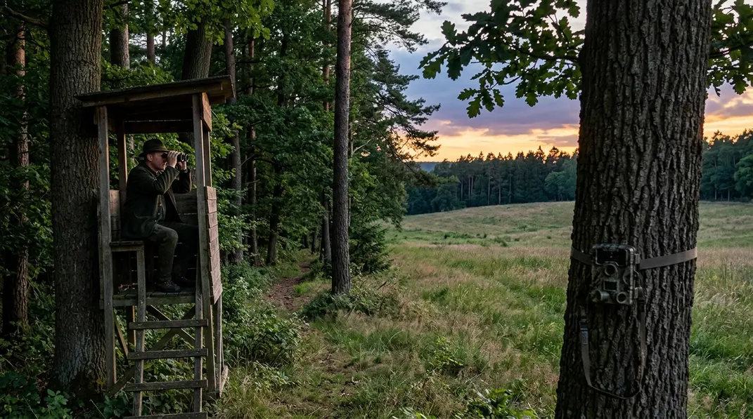 Abendansitz an einer Äsungsfläche mit Wildkamera am Waldrand.