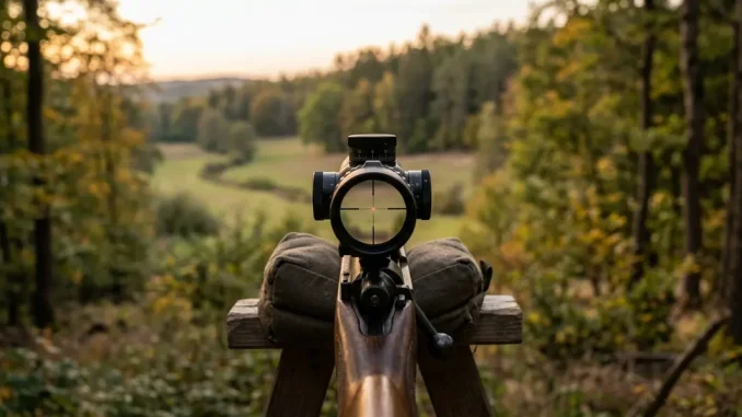 Zielfernrohr mit beleuchtetem Absehen für Jagd vor einer Waldlichtung in der Dämmerung.