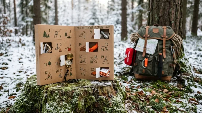 Geöffneter Adventskalender Survival mit Kompass, Feuerstarter und Outdoor-Gadgets auf einem Baumstamm im Winterwald.