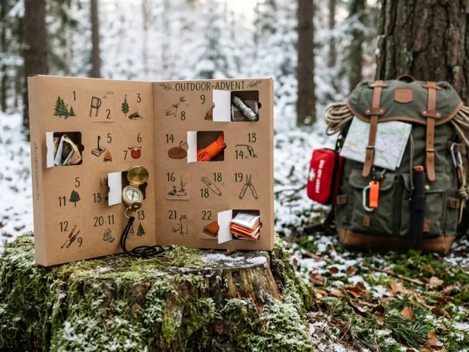 Geöffneter Adventskalender Survival mit Kompass, Feuerstarter und Outdoor-Gadgets auf einem Baumstamm im Winterwald.