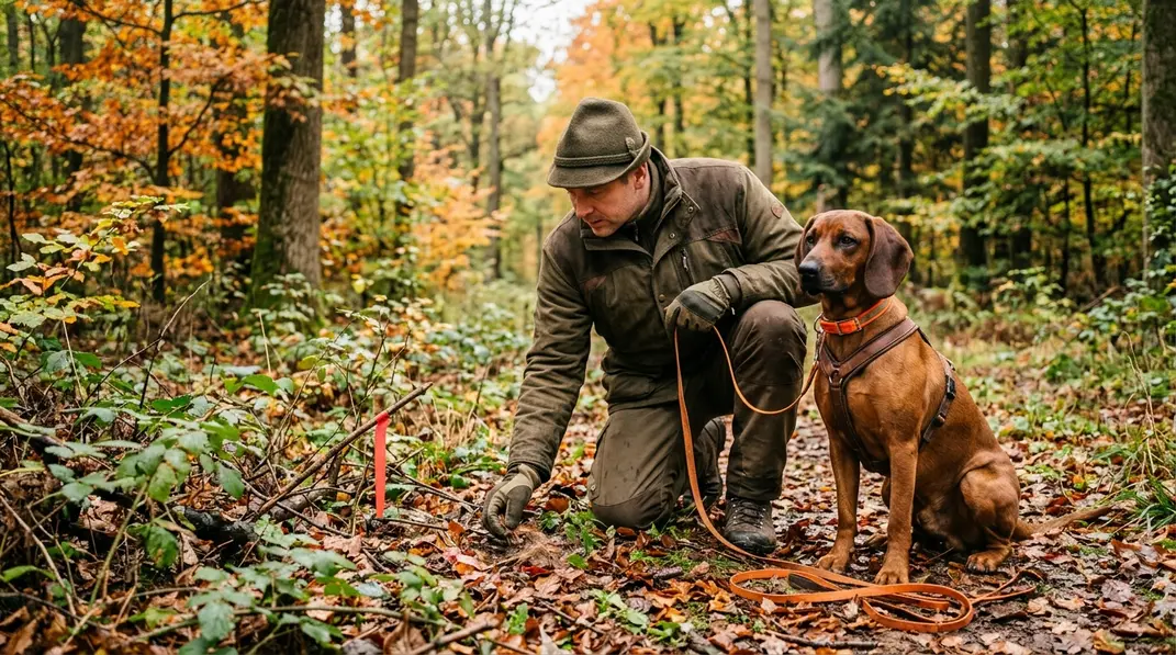 Ein Hundeführer untersucht Pirschzeichen am Waldboden, während ein Jagdhund am Riemen ruhig wartet.