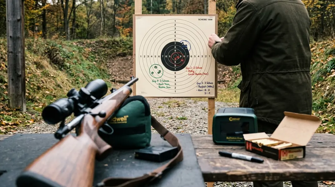 Anschussscheibe mit mehreren Schussgruppen und Notizen zur Trefferlage auf 100 Metern.