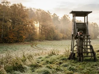 Jäger plant den Ansitz bei Wind an einem Hochsitz mit Blick auf Wildwechsel und Äsungsfläche.