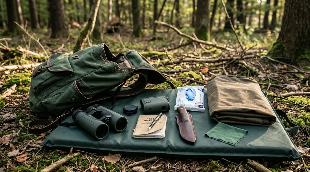 Fernglas, Jagdmesser, Handschuhe und Wildbeutel liegen neben einem geöffneten Jagdrucksack im Wald.