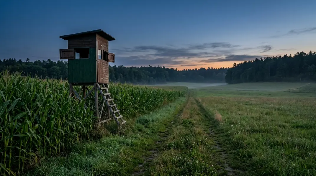 Hochsitz am Rand eines Maisfeldes mit freier Sicht auf eine Fahrgasse.