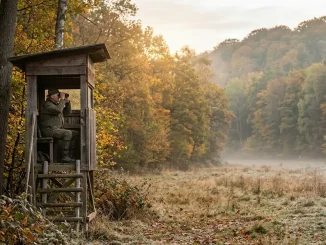 Jäger auf einer Kanzel beim Ansitz im Herbst an einer herbstlichen Äsungsfläche.