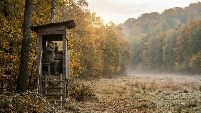 Jäger auf einer Kanzel beim Ansitz im Herbst an einer herbstlichen Äsungsfläche.