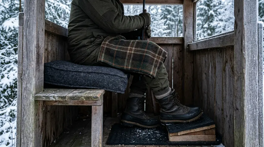 Jäger beim Ansitz im Winter sitzt auf einem Isolierkissen mit Decke über den Beinen und Stiefeln auf einer Fußauflage.