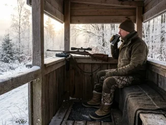 Jäger beim Ansitz im Winter auf einer isolierten Hochsitzkanzel mit Decke, warmen Stiefeln und Thermobecher.