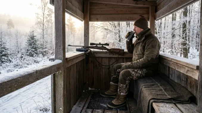 Jäger beim Ansitz im Winter auf einer isolierten Hochsitzkanzel mit Decke, warmen Stiefeln und Thermobecher.