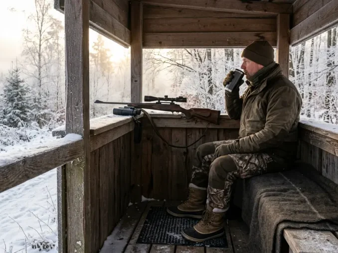 Jäger beim Ansitz im Winter auf einer isolierten Hochsitzkanzel mit Decke, warmen Stiefeln und Thermobecher.