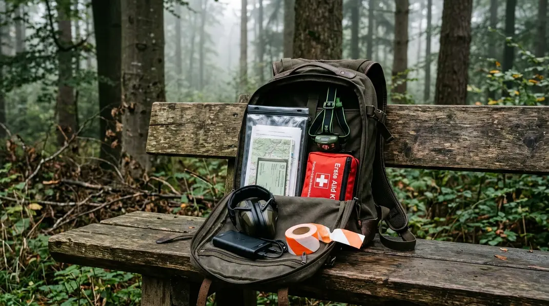 Geöffneter Jagdrucksack mit Dokumententasche, Stirnlampe und Erste-Hilfe-Set auf einer Ansitzbank.