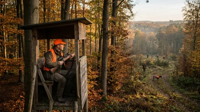 Ein Jäger beobachtet beim Ansitzdrückjagd-Ablauf von einem Hochsitz einen ruhigen Waldwechsel im Herbst.