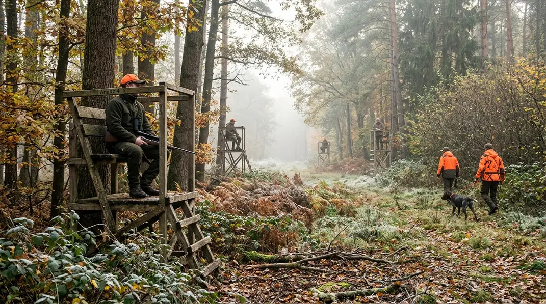 Jäger auf erhöhten Ansitzen beobachten einen Waldwechsel, während Treiber mit Hund eine Dickung ruhig durchgehen.