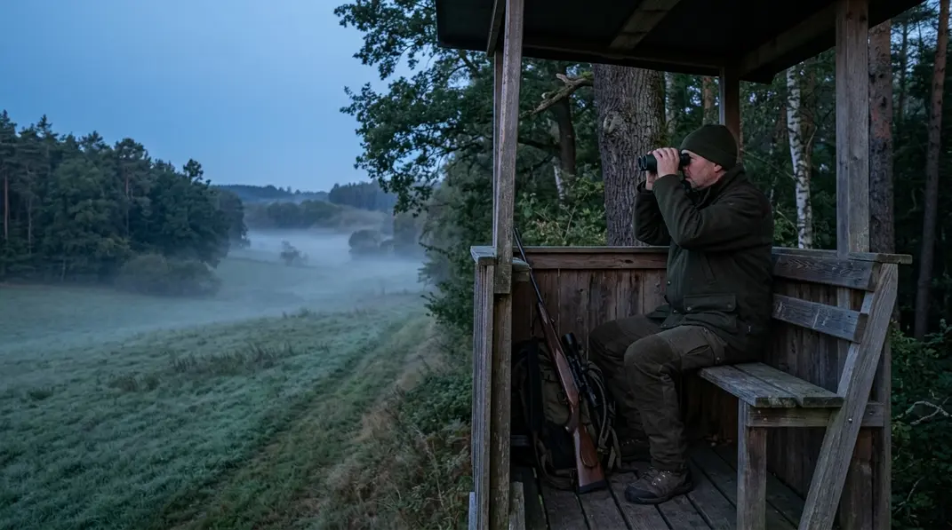 Jäger auf einem Hochstand während des Ansitzjagd-Ablaufs im morgendlichen Wald.