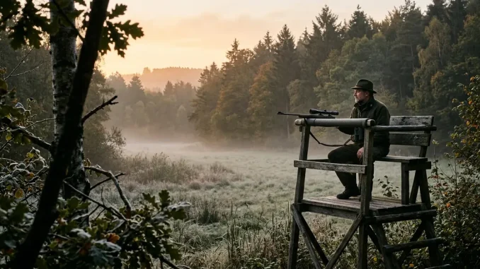 Jäger auf einem Hochstand bei Sonnenaufgang während des Ansitzjagd-Ablaufs.