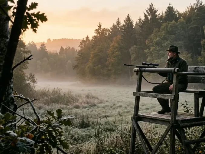 Jäger auf einem Hochstand bei Sonnenaufgang während des Ansitzjagd-Ablaufs.