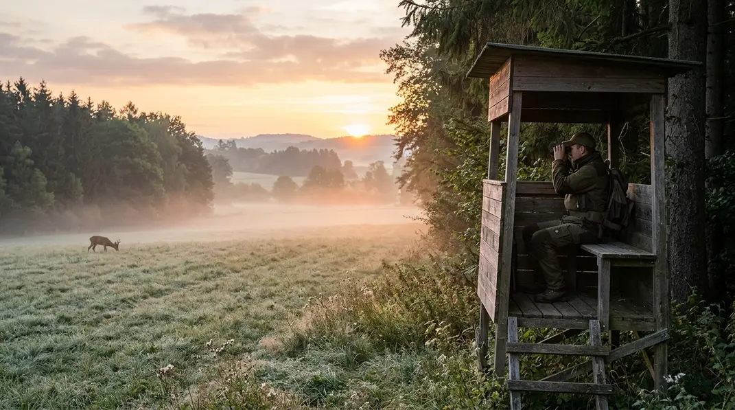 Ansitzjagd: Jäger sitzt bei Sonnenaufgang ruhig auf einem Hochsitz an einer Wiese.