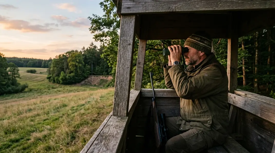 Jäger beobachtet beim Ansitz einen sicheren Bereich am Waldrand mit Fernglas.
